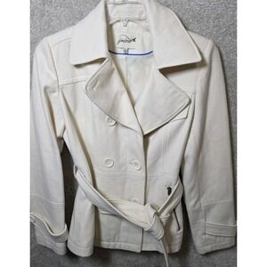 Grane Pea Coat Womens Size L Ivory Lined Double-Breasted Belt Notch Lapel Pocket